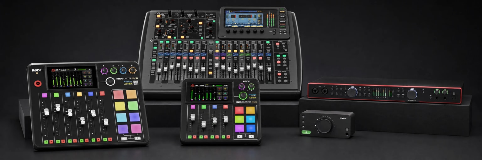 Mixettes RØDECaster et Behringer X32, interfaces audio Focusrite et Audient