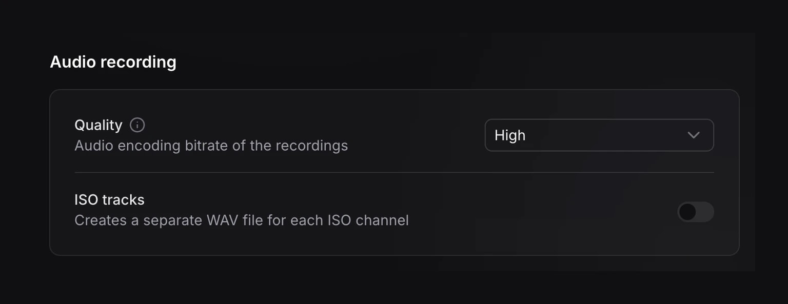 Option Pistes ISO dans les réglages d’enregistrement audio