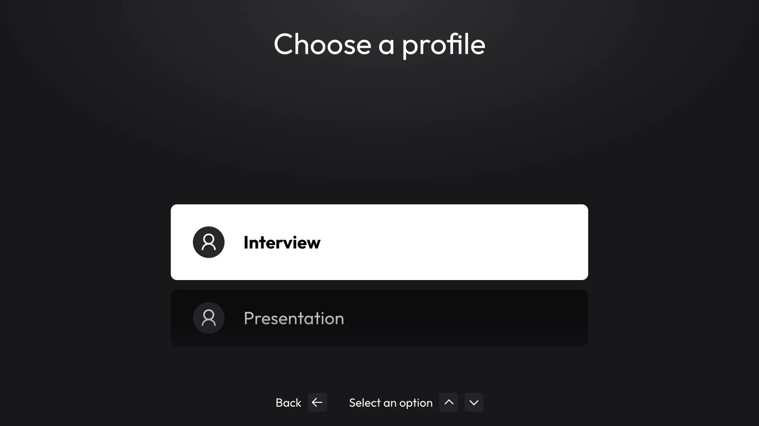 Menu de sélection d’un profil avec les indications des touches du Deck en bas de l’écran