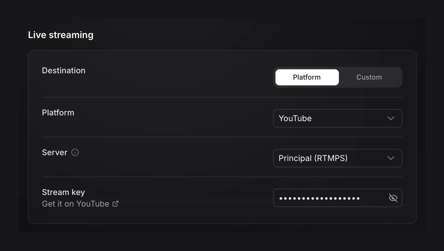 Destination YouTube et champ de clé de diffusion masqué dans les sorties du profil