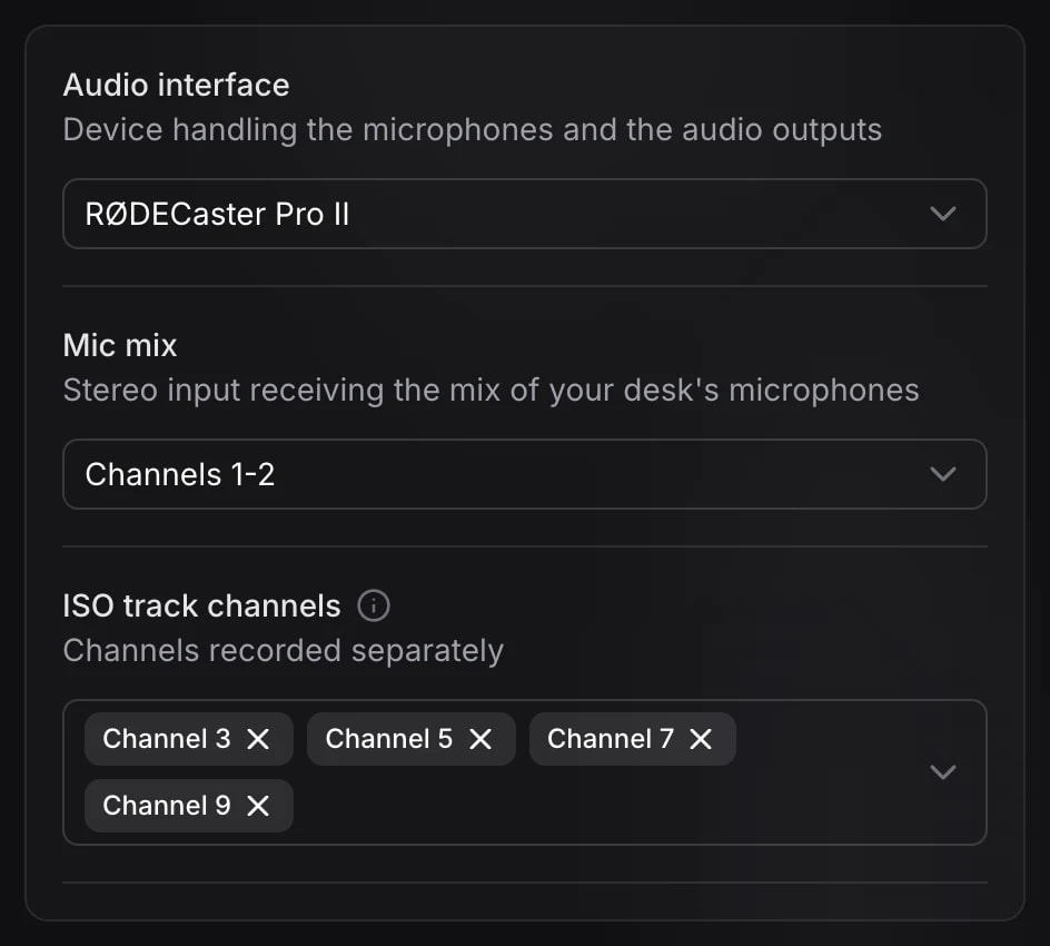 Sélection de l’interface audio, du mix micros et des canaux individuels