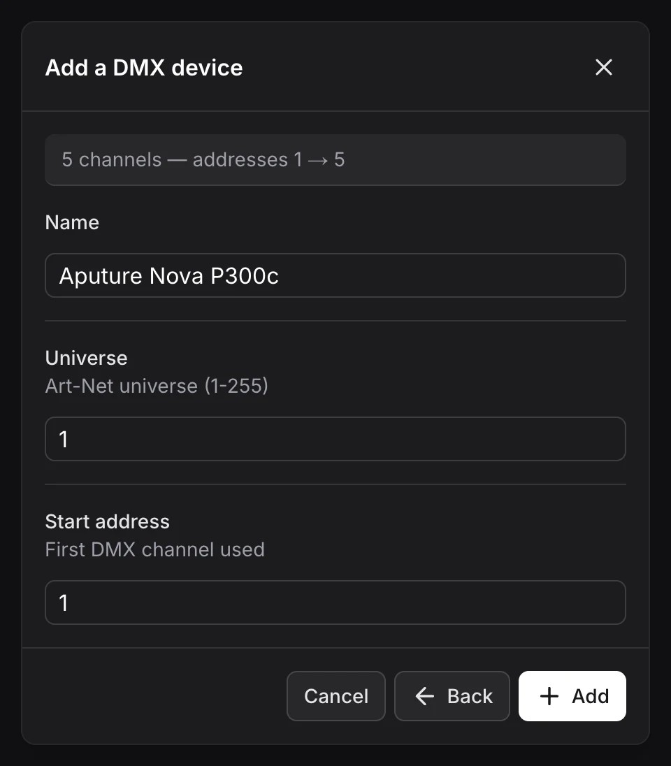 Nom, univers et adresse de départ d’un éclairage DMX