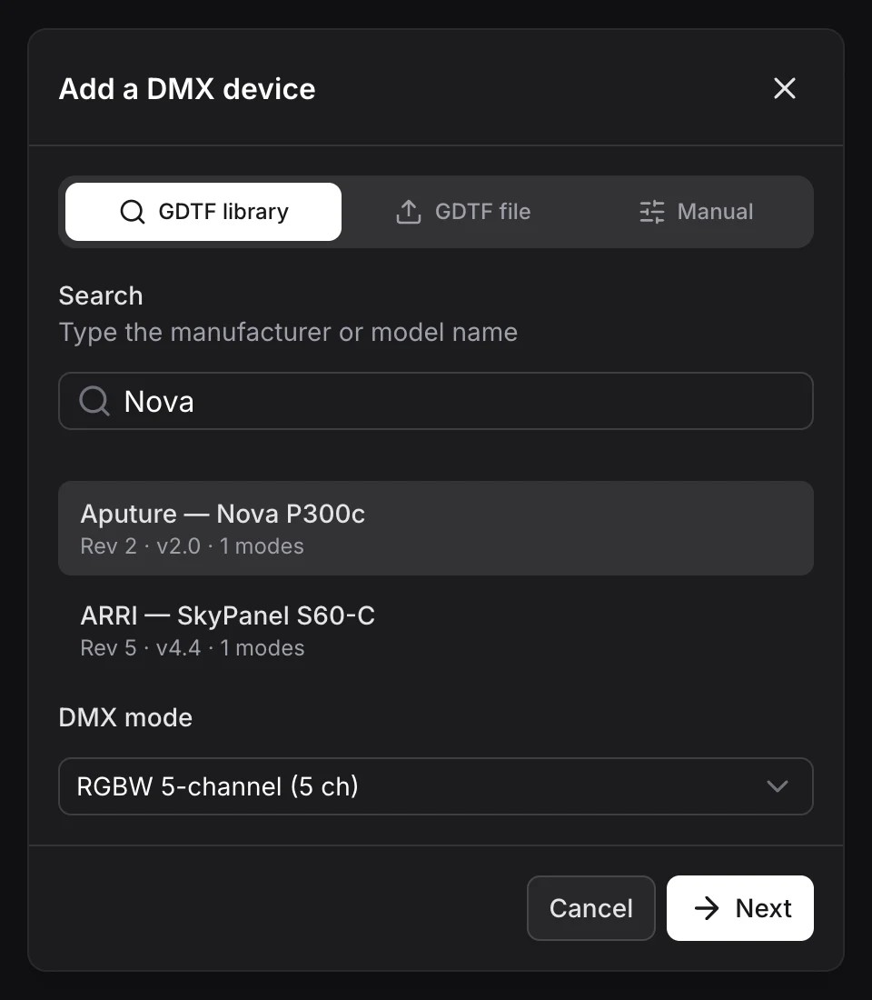 Recherche d’un projecteur dans la bibliothèque GDTF